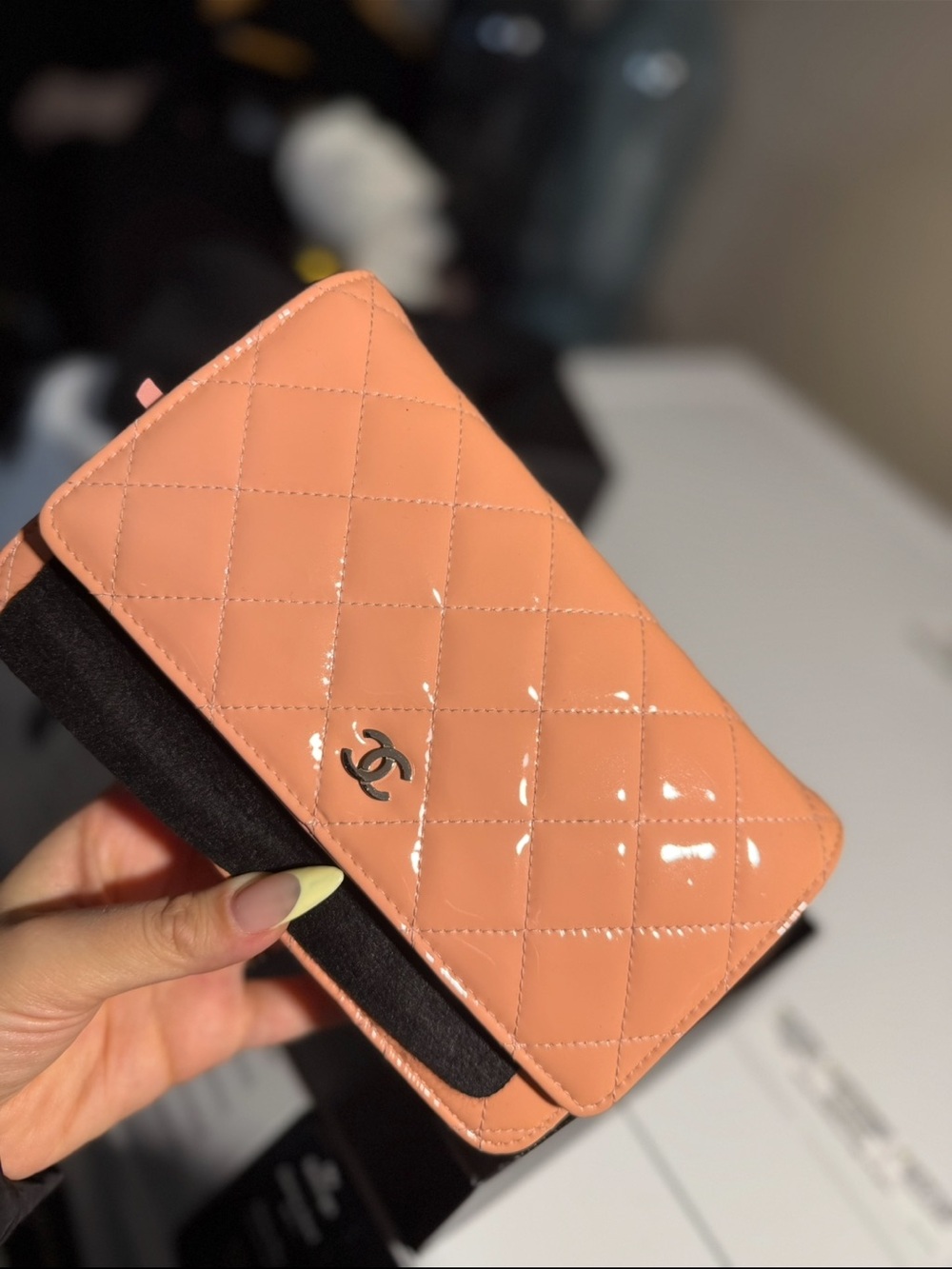 CHANEL Peach Quilted Patent Leather Wallet with CC Turn-Lock